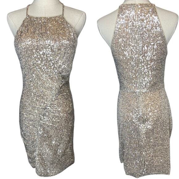 Parker Dresses & Skirts - Parker Alina Sequin Ruched Mini Dress Champagne Halter, size 2